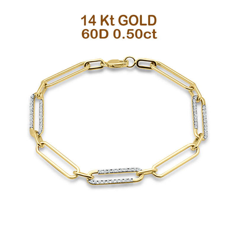 14K Gold 5.35mm Paperclip Link Chain Bracelet Natural Round Diamond