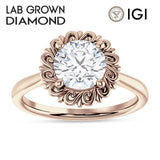 18K Gold IGI Certified Round 1 Carat Lab Grown Diamond Floral Solitaire Ring