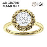 14K Gold IGI Certified Round 1 Carat Lab Grown Diamond Floral Solitaire Ring
