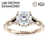 18K Gold IGI Certified Round 1 Carat Lab Grown Diamond Art Deco Split Shank Floral Ring