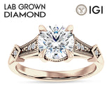 18K Gold IGI Certified Round 2 Carat Lab Grown Diamond Art Deco Beaded Ring