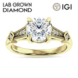 10K Gold IGI Certified Round 2 Carat Lab Grown Diamond Art Deco Beaded Ring