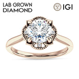 14K Gold IGI Certified Round 3 Carat Lab Grown Diamond Art Deco Floral Ring