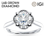 18K Gold IGI Certified Round 3 Carat Lab Grown Diamond Art Deco Floral Ring