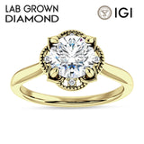14K Gold IGI Certified Round 3 Carat Lab Grown Diamond Art Deco Floral Ring