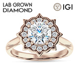 14K Gold IGI Certified Round 3 Carat Lab Grown Diamond Art Deco Floral Ring