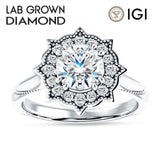 10K Gold IGI Certified Round 3 Carat Lab Grown Diamond Art Deco Floral Ring