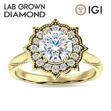 18K Gold IGI Certified Round 1 Carat Lab Grown Diamond Art Deco Floral Ring