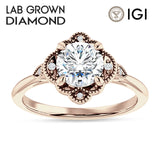 IGI Certified Round 2 Carat Lab Grown Diamond Art Deco Floral Beaded Ring