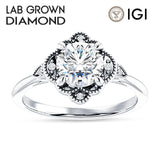 IGI Certified Round 3 Carat Lab Grown Diamond Art Deco Floral Beaded Ring