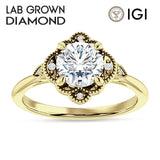 18K Gold IGI Certified Round 2 Carat Lab Grown Diamond Art Deco Floral Beaded Ring