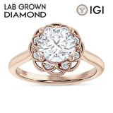 14K Gold IGI Certified Round 1 Carat Lab Grown Diamond Art Deco Floral Ring