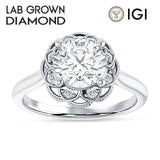 10K Gold IGI Certified Round 1 Carat Lab Grown Diamond Art Deco Floral Ring