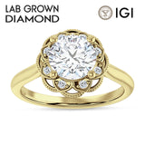 18K Gold IGI Certified Round 3 Carat Lab Grown Diamond Art Deco Floral Ring