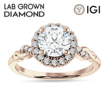 10K Gold IGI Certified Round 3 Carat Lab Grown Diamond Art Deco Twisted Halo Ring