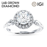 18K Gold IGI Certified Round 1 Carat Lab Grown Diamond Art Deco Twisted Halo Ring