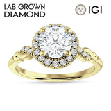 18K Gold IGI Certified Round 2 Carat Lab Grown Diamond Art Deco Twisted Halo Ring