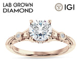 10K Gold IGI Certified Round 2 Carat Lab Grown Diamond Art Deco Split Shank Beaded Ring