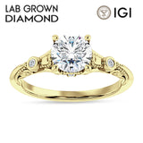 18K Gold IGI Certified Round 2 Carat Lab Grown Diamond Art Deco Split Shank Beaded Ring