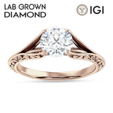 14K Gold IGI Certified Round 3 Carat Lab Grown Diamond Art Deco Split Shank Solitaire Ring