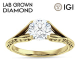 18K Gold IGI Certified Round 3 Carat Lab Grown Diamond Art Deco Split Shank Solitaire Ring