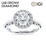 IGI Certified Round 1 Carat Lab Grown Diamond Art Deco Halo Filigree Ring