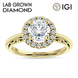 18K Gold IGI Certified Round 3 Carat Lab Grown Diamond Art Deco Halo Filigree Ring
