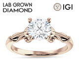 14K Gold IGI Certified Round 2 Carat Lab Grown Diamond Art Deco Beaded Filigree Solitaire Ring