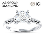 14K Gold IGI Certified Round 2 Carat Lab Grown Diamond Art Deco Beaded Filigree Solitaire Ring