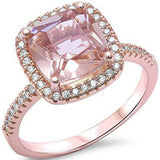 Sterling Silver Halo Solitaire Ring Rose Gold Rhodium Plated Simulated Morganite Cubic Zirconia