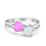 Heart Filigree Ring Round Cubic Zirconia 925 Sterling Silver Created White Opal