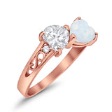 Heart Filigree Ring Round Cubic Zirconia 925 Sterling Silver Created White Opal