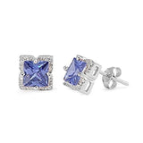 Halo Stud Earrings Princess Cut Simulated CZ 925 Sterling Silver