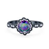 Halo Floral Wedding Ring Round Simulated Cubic Zirconia 925 Sterling Silver