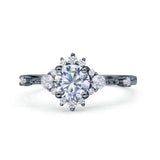 Halo Art Deco Bridal Wedding Engagement Ring Rhodium Plated Round Simulated Cubic Zirconia 925 Sterling Silver