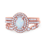 Three Piece Double Halo Art Deco Wedding Band Engagement Ring Oval Round Cubic Zirconia 925 Sterling Silver Choose color