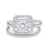 Halo 2 Piece Wedding Ring Band Set Round Simulated CZ 925 Sterling Silver