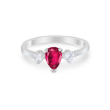 Three Stone Wedding Ring Pear Round Simulated Cubic Zirconia 925 Sterling Silver
