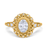 Oval Vintage Art Deco Halo Wedding Engagement Bridal Ring Round Simulated Cubic Zirconia 925 Sterling Silver