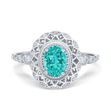 Oval Vintage Art Deco Halo Wedding Engagement Bridal Ring Round Simulated Cubic Zirconia 925 Sterling Silver