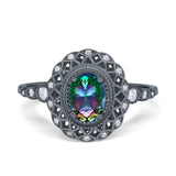 Oval Vintage Art Deco Halo Wedding Engagement Bridal Ring Round Simulated Cubic Zirconia 925 Sterling Silver