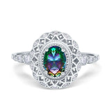 Oval Vintage Art Deco Halo Wedding Engagement Bridal Ring Round Simulated Cubic Zirconia 925 Sterling Silver