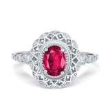Oval Vintage Art Deco Halo Wedding Engagement Bridal Ring Round Simulated Cubic Zirconia 925 Sterling Silver