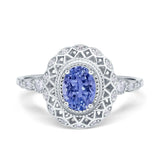 Oval Vintage Art Deco Halo Wedding Engagement Bridal Ring Round Simulated Cubic Zirconia 925 Sterling Silver