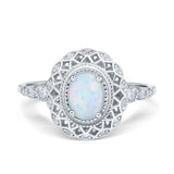 Oval Vintage Art Deco Halo Wedding Engagement Bridal Ring Round Simulated Cubic Zirconia 925 Sterling Silver
