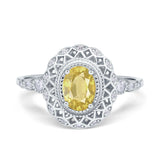 Oval Vintage Art Deco Halo Wedding Engagement Bridal Ring Round Simulated Cubic Zirconia 925 Sterling Silver