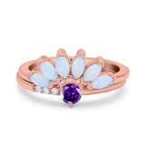 Two Piece Bridal Set Marquise Art Deco Wedding Engagement Ring Set Round Simulated Cubic Zirconia & Lab White Opal Band 925 Sterling Silver