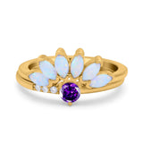 Two Piece Bridal Set Marquise Art Deco Wedding Engagement Ring Set Round Simulated Cubic Zirconia & Lab White Opal Band 925 Sterling Silver