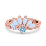 Two Piece Bridal Set Marquise Art Deco Wedding Engagement Ring Set Round Simulated Cubic Zirconia & Lab White Opal Band 925 Sterling Silver