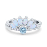 Two Piece Bridal Set Marquise Art Deco Wedding Engagement Ring Set Round Simulated Cubic Zirconia & Lab White Opal Band 925 Sterling Silver